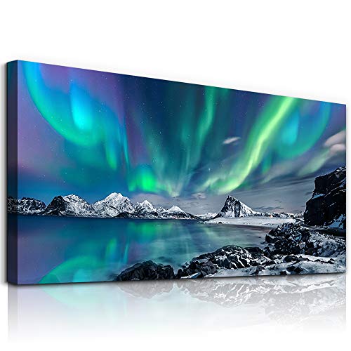 hyidecorart Bilder Nordlichter, Grün Polarlicht Sternenhimmel Bild auf Leinwand, 1 Teilig Modern Natur Aurora Landschaft Wandbilder Wohnzimmer Schlafzimmer Küche Esszimmer und Badezimmer von hyidecorart