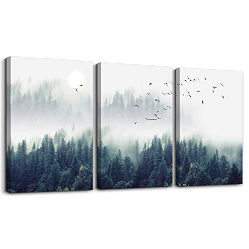 hyidecorart Nebelwald Bilder, Leinwand Wald und Vögel im Nebel Modern Kunstdruck Wanddeko Wandbilder Wohnzimmer Schlafzimmer Küche Esszimmer und Badezimmer von hyidecorart