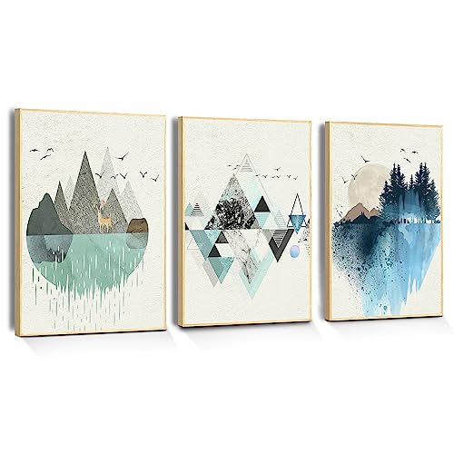 hyidecorart Abstrakte Bilder Mit Rahmen Holz, Grün und Blau Geometrische Berg Landschaft Leinwand Wandkunst, Modern Nordischer Wandbilder Wohnzimmer Schlafzimmer Esszimmer Küche und Badezimmer von hyidecorart