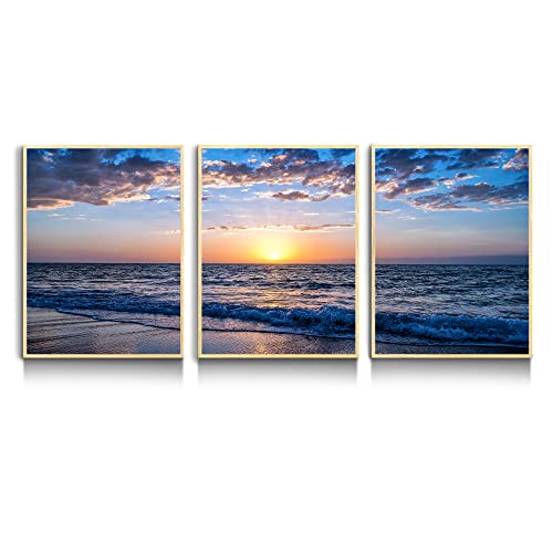 hyidecorart Bilder Mit Rahmen Holz Leinwandbild Sonnenuntergang Strand, Meer Landschaft Modern Kunstdruck Wanddeko Wandbilder Wohnzimmer Schlafzimmer Küche Esszimmer und Badezimmer von hyidecorart