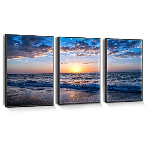 hyidecorart Bilder Mit Rahmen Schwarz Leinwandbild Sonnenuntergang Strand, Meer Landschaft Modern Kunstdruck Wanddeko Wandbilder Wohnzimmer Schlafzimmer Küche Esszimmer und Badezimmer von hyidecorart