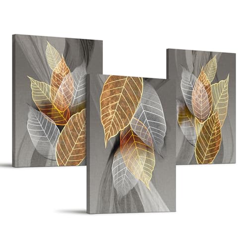 hyidecorart Bilder Schlafzimmer 40x58 cm 3er Set Wanddeko Gold Abstract Blätter, Modern Bilder mit Rahmen für Wohnzimmer Natur Kunstdruck Leinwandbilder für Flur küche Esszimmer Büro Villa Badezimmer von hyidecorart