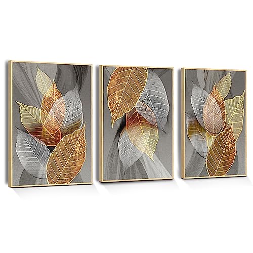 hyidecorart Blätter Bilder Mit Rahmen Holz, Natur Golden Pflanzen Blatt Wandbild, Modern Wandbilder Wohnzimmer Schlafzimmer Küche Esszimmer und Büro von hyidecorart