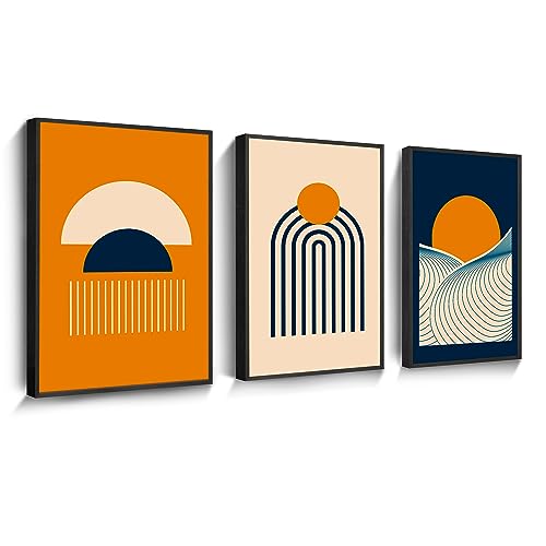 hyidecorart Boho Bilder Mit Rahmen Schwarz, Mid-Century Modern Abstrakte Formen Japanische Orange Terrakotta Wandbilder Wohnzimmer Schlafzimmer Küche Esszimmer und Büro von hyidecorart