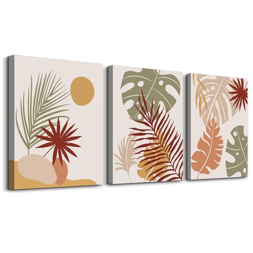hyidecorart Boho Botanisch Bilder, Salbeigrün Rotbraun Orange Abstract Verschiedene Blätter Nordische Minimalismus Modern Pflanze Wandbilder Wohnzimmer Schlafzimmer Küche Esszimmer Büro Badezimmer von hyidecorart