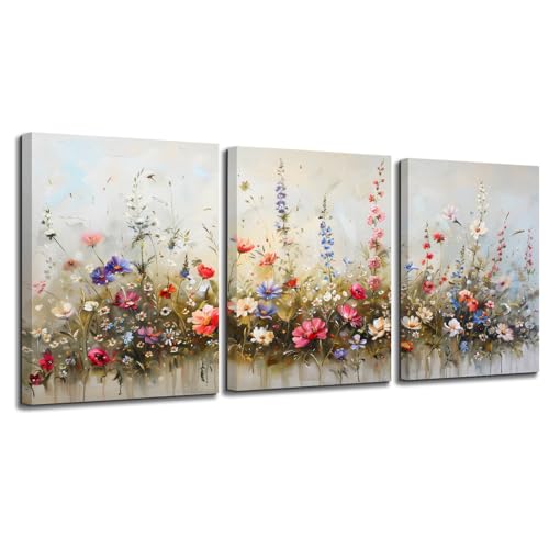 hyidecorart Bunte Blumen Leinwand Bilder Set Schlafzimmer, 3-teilig Wandbilder Wohnzimmer Natur Landschaft Bild Aesthetic, Modern Wanddeko Kunstdruck Badezimmer Büro Esszimmer Küche von hyidecorart