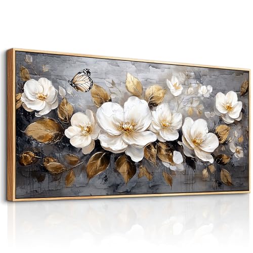 hyidecorart Goldene Blumen Leinwand Bild mit Rahmen Holz, 60x120 cm XXL Wandbilder Wohnzimmer Modern Bilder, Wanddeko Aesthetic Schlafzimmer Badezimmer Kunst Büro Zimmer Esszimmer von hyidecorart