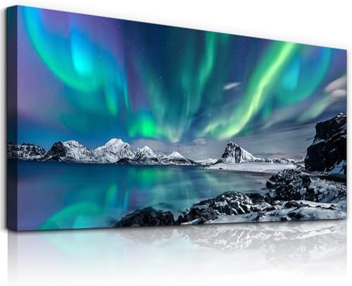hyidecorart Leinwandbilder Nordlicht Groß 73x146 cm XXL Schlafzimmer, Modern Bilder mit Rahmen für Wohnzimmer Natur Wanddeko Grün Polarlicht Landschaft Kunstdruck Deko Zimmer Büro Flur Wohnung von hyidecorart