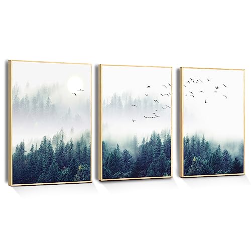 hyidecorart Nebelwald Bilder Mit Rahmen Holz, Leinwand Wald und Vögel im Nebel Modern Kunstdruck Wanddeko Wandbilder Wohnzimmer Schlafzimmer Küche Esszimmer und Badezimmer von hyidecorart