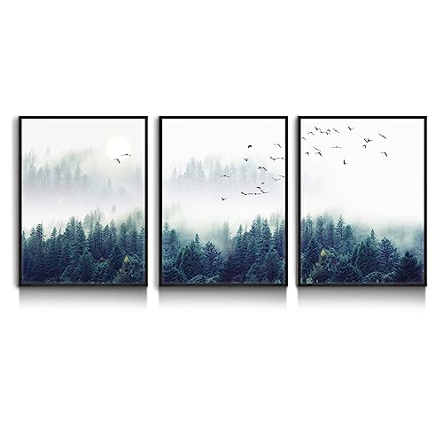 hyidecorart Nebelwald Bilder Mit Rahmen Schwarz, Leinwand Wald und Vögel im Nebel Modern Kunstdruck Wanddeko Wandbilder Wohnzimmer Schlafzimmer Küche Esszimmer und Badezimmer von hyidecorart