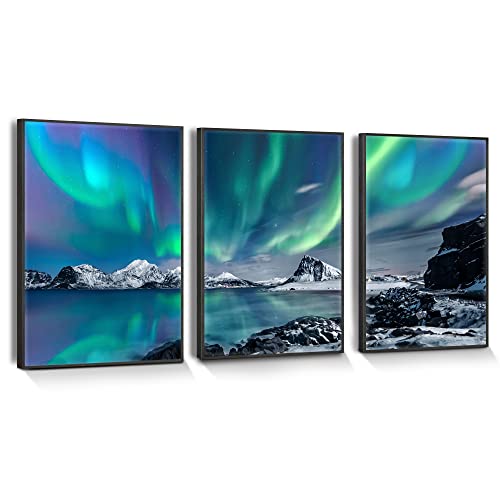 hyidecorart Nordlichter Bilder Mit Rahmen Schwarz, Grün Polarlicht Sternenhimmel Bild auf Leinwand, Modern Natur Aurora Landschaft Wandbilder Wohnzimmer Schlafzimmer Küche Esszimmer und Badezimmer von hyidecorart