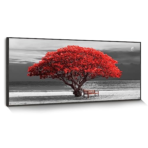 hyidecorart Rote Baum Bilder Mit Rahmen Schwarz, Bäume Natur Leinwand Bilder, 1 Teilig Wandbilder Wohnzimmer, Modern Glücksbaum Kunstdruck Wanddeko für Schlafzimmer Küche Esszimmer und Büro von hyidecorart