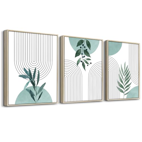 hyidecorart Salbeigrün Boho Bilder Mit Rahmen Holz, Hellgrün Blätter Abstract Linien Nordische Minimalistisch Modern Pflanze Blumen Wandbilder Wohnzimmer Schlafzimmer Küche Esszimmer Büro Badezimmer von hyidecorart