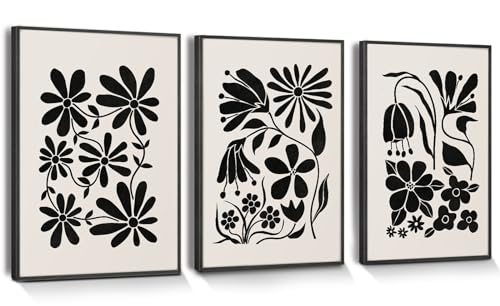 hyidecorart Schwarz Weiß Boho Bilder Mit Rahmen Schwarz, Beige Schwarz Blumen Abstract Nordische Minimalistisch Modern Blumen Wandbilder Wohnzimmer Schlafzimmer Küche Esszimmer Büro und Badezimmer von hyidecorart