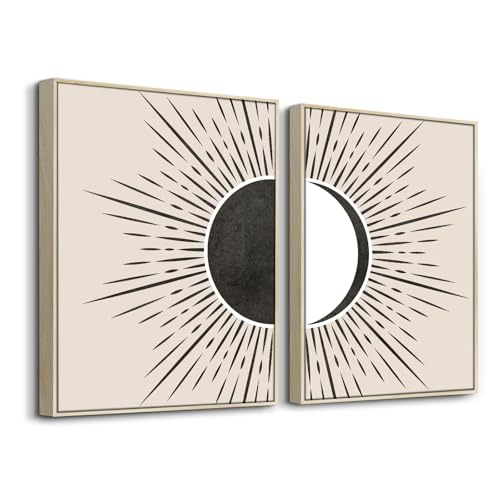 hyidecorart Sonne und Mond Boho Bilder Mit Rahmen Holz, Abstract Schwarz Linien Beige Geometrie Nordische Minimalistisch Modern Wandbilder Wohnzimmer Schlafzimmer Küche Esszimmer Büro Badezimmer von hyidecorart