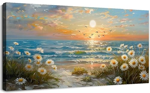 hyidecorart Sonnenaufgang an der Küste Wandbilder Wohnzimmer 59x119 cm XXL, Leinwand Bild Gänseblümchen Möwe, Modern Wanddeko Aesthetic Schlafzimmer Badezimmer Büro Zimmer Esszimmer Flur Küche hyidecorart Sonnenaufgang an der Küste Wandbilder Wohnzimmer 59x119 cm XXL, Leinwand Bild Gänseblümchen Möwe, Modern Wanddeko Aesthetic Schlafzimmer Badezimmer Büro Zimmer Esszimmer Flur Küche von hyidecorart