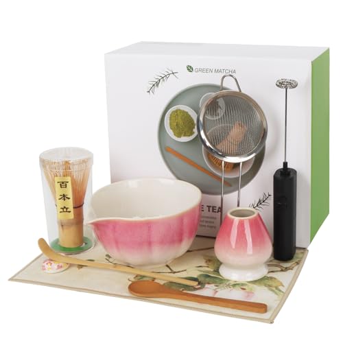 hzuisst Matcha Set Rosa, 9 Stück Matcha Tee Set mit 100 Zinken Matcha Besen, Keramik Schneebesenhalter, Matcha Schüssel, Schaufel, Löffel, Sieb, Schaufelständer, Teetuch, Elektrischer Quirl von hzuisst