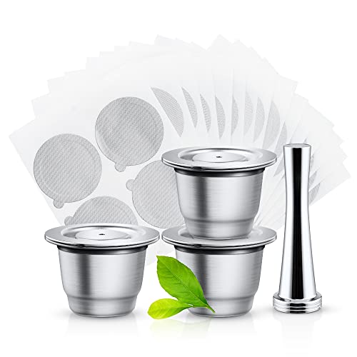 i Cafilas 3 Wiederbefüllbare Kapseln aus Edelstahl zum Nachfüllen kompatibel mit Nes presso+1 Tamper+1 Spoon+1 Brush+100 Espresso-Folien+Set mit 3 Ersatz-O-Ringen aus Silikon für Kapseln von i Cafilas