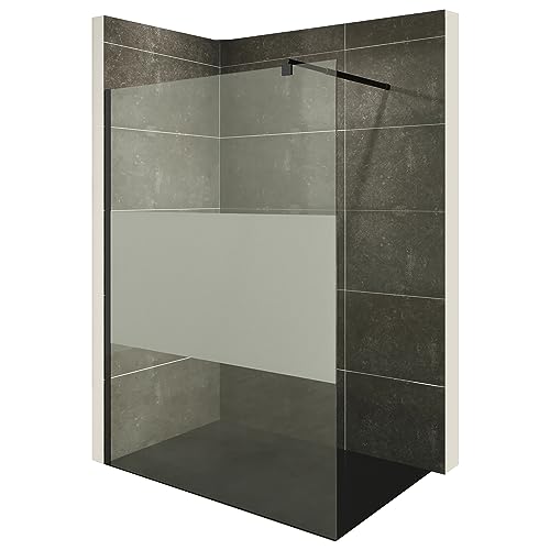 i-flair Duschabtrennung Walk In FIONA 80x200 cm Duschwand Dusche 10mm STARK aus TEILSATINIERTEM NANO ESG Sicherheitsglas mit schwarzem Wandprofil W740 Black Teilsatiniert von i-flair