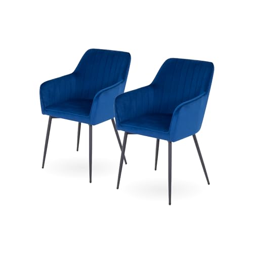 i-flair Esszimmerstuhl Wohnzimmerstuhl Dahlia – Polsterstuhl mit Armlehnen, Samt-Bezug & Metallbeinen – ergonomischer Stuhl im 2er-Set, (Blau - Schwarz Samt) von i-flair