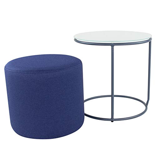 i-flair Nachttisch Beistelltisch mit Hocker Jasper runder Couchtisch und Pouf 40x40 cm N4 Weiß - Grau - Navy von i-flair