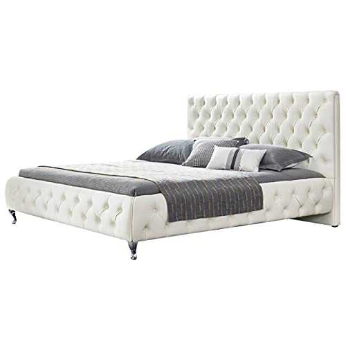 i-flair Polsterbett Amour 160x200 cm Barock Stil Designer Bett mit Lederknöpfe in der Farbe Weiß von i-flair