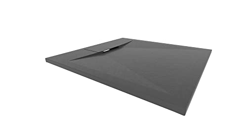 I-Flair SMC POLAR Duschwanne 80x80 cm, Extra Flache und Robuste Duschtasse 26MM Mit Anti-Rutsch-Oberfläche In Schieferoptik/Steinoptik Inkl. Ablaufgarnitur Mit Deckel - Schwarz von i-flair