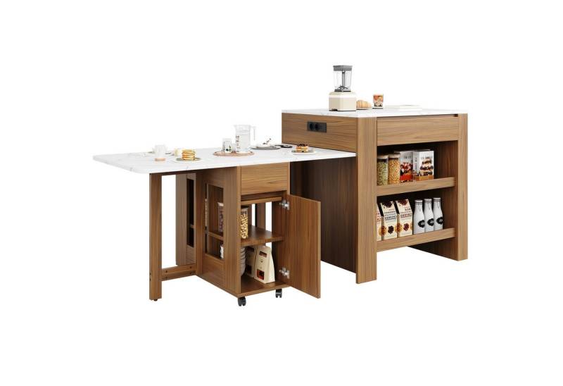 i@home Bartisch Ausziehbarer Bartisch, Kücheninseln mit 2 Schubladen (Bis 60 kg belastbar, 110-124×78×97.5cm, für 2–6 Personen), 2 seitliche offene Regale und eingebaute Steckdose, Braun von i@home