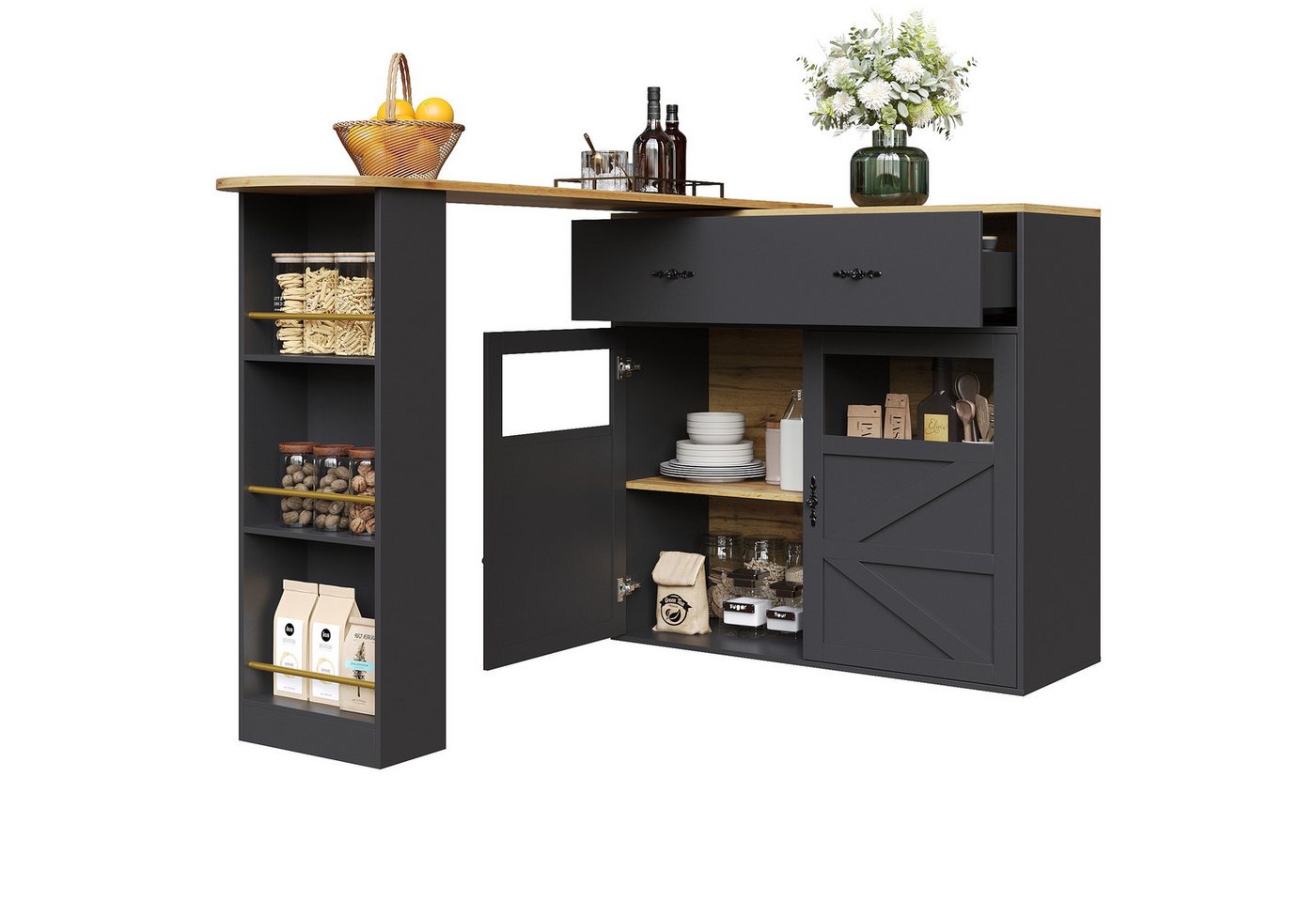 i@home Bartisch Ausziehbarer Bartisch mit Stauraum(138-204×39×104cm), 360° drehbare Essbar,mit Regalen,schwarz/weiß von i@home