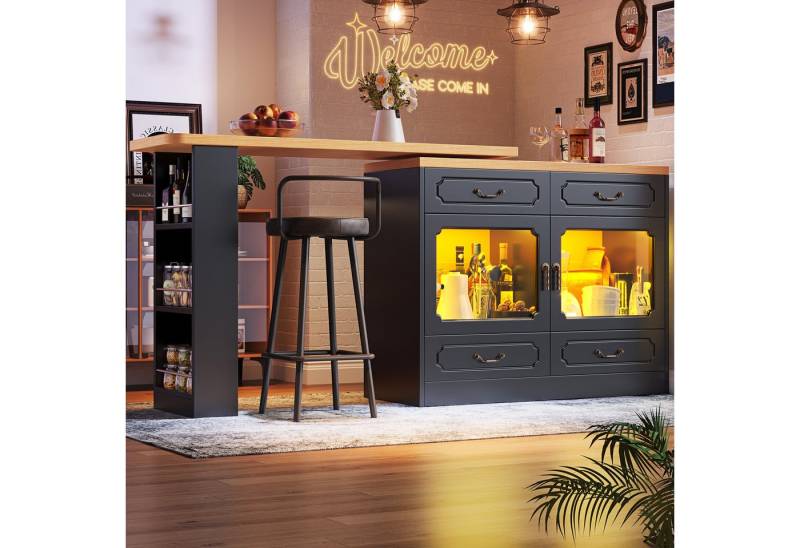 i@home Bartisch Ausziehbarer Bartisch mit Stauraum und LED-Beleuchtung, Schwarz/Weiß (1x Bartisch), 360° Drehfunktion, Platzsparend und flexibel von i@home