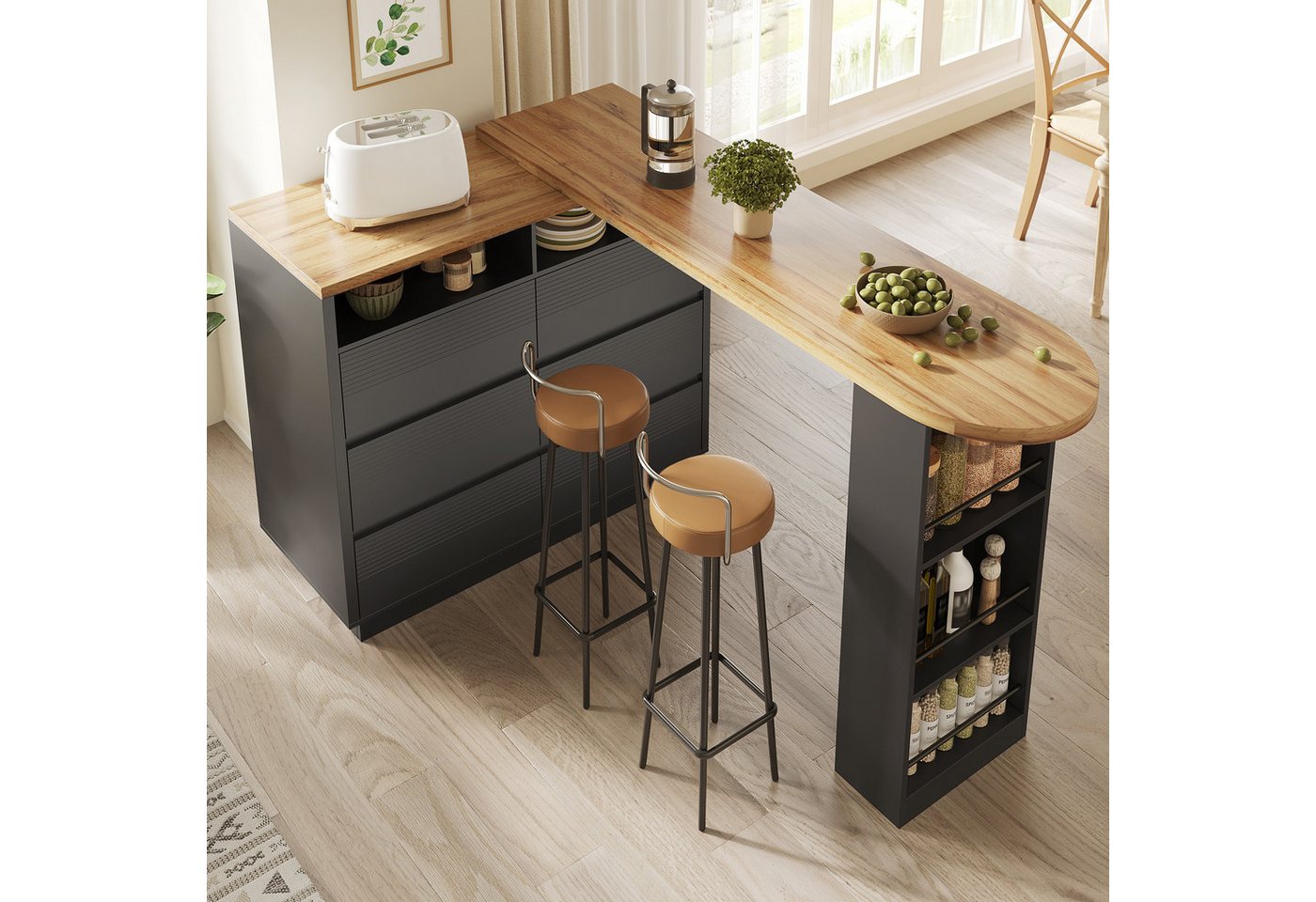 i@home Bartisch Ausziehbarer Sieborad mit Stauraum(137-215×39×102.3cm) (1 Tisch), Teleskopischer Tisch mit 6 Schubladen, Kücheninsel, Schwarz von i@home