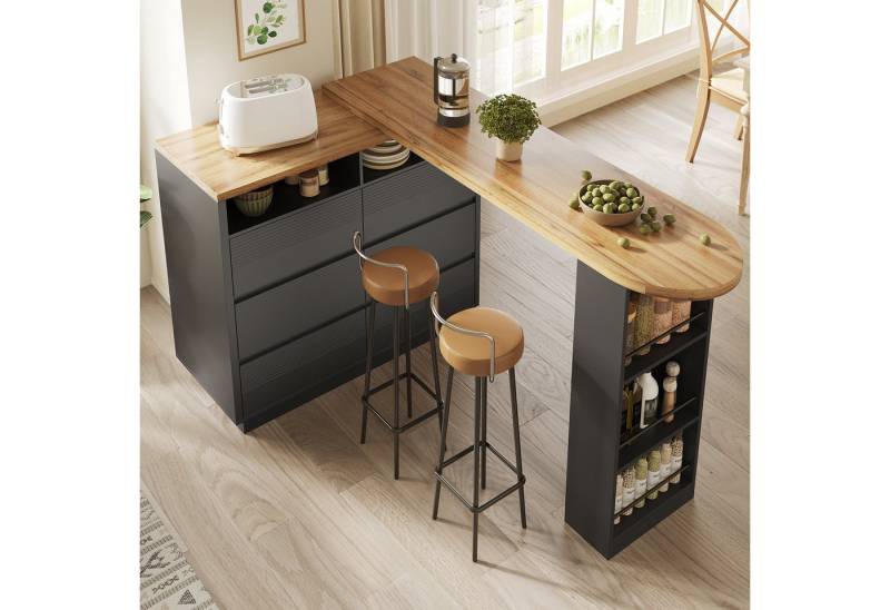 i@home Bartisch Ausziehbarer Sieborad mit Stauraum(137-215×39×102.3cm) (1 Tisch), Teleskopischer Tisch mit 6 Schubladen, Kücheninsel, Schwarz von i@home