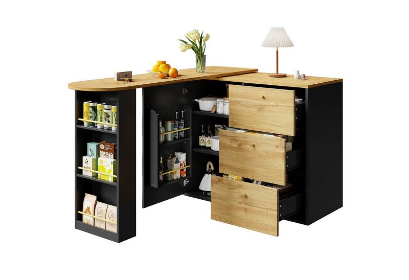 i@home Bartisch Essbar,Kücheninsel,Bistro Table,schwarz (Packung set, 1 Tisch), 360° drehbare,mit Stauraum und Sideboardschrank,138-204×39×104cm von i@home