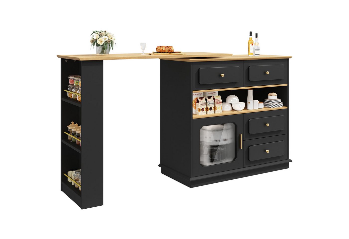 i@home Bartisch Essbar,Kücheninsel,Bistro Table,weiß/schwarz (Packung set, 1 Tisch), 360° drehbare,mit Stauraum und Sideboardschrank,125-181×39×104.5cm von i@home
