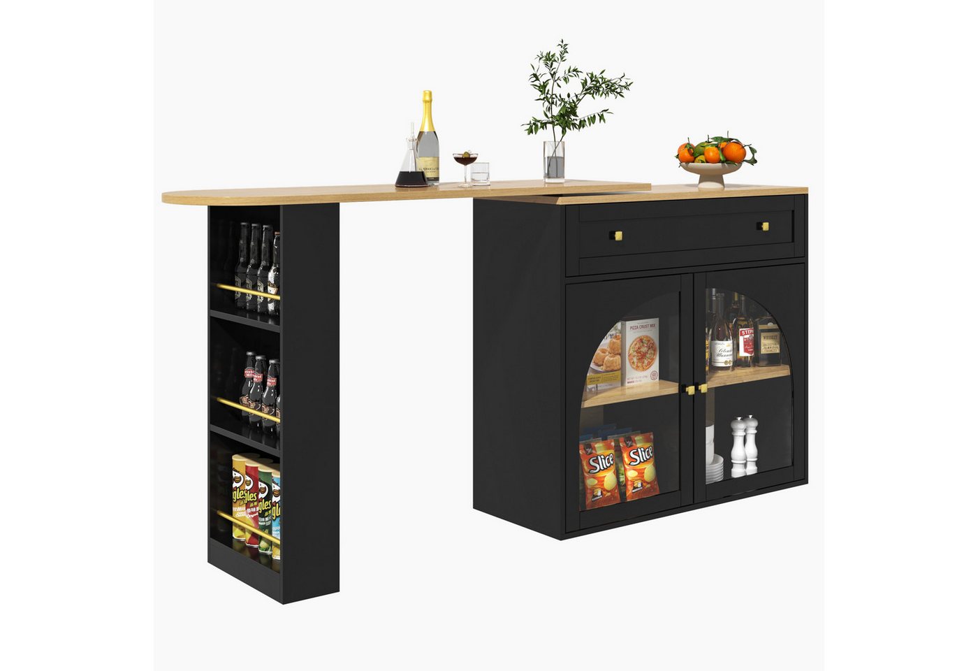 i@home Bartisch Essbar,Kücheninsel,Bistro Table,weiß /schwarz (Packung set, 1 Tisch), 360° drehbare,mit Stauraum und Sideboardschrank,138-204×39×104cm von i@home