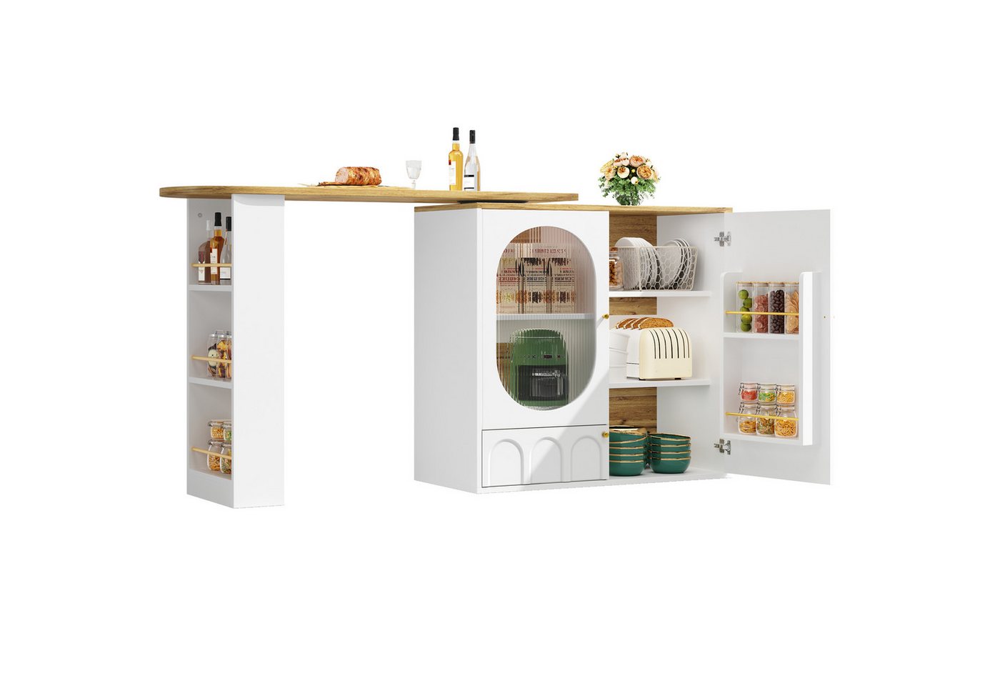 i@home Bartisch Kücheninsel, Um 360° drehbarer, mit Türen und verstellbare Ablagen, weiß/schwarz von i@home