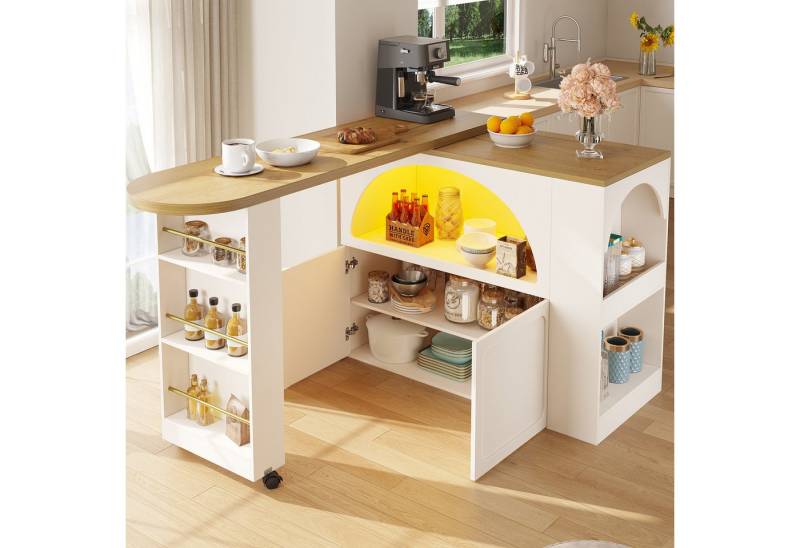 i@home Bartisch ausziehbarer Kücheninsel mit Stauraum(135-205×39×100cm) (1 Tisch), Teleskopischer Bartisch mit LED Hochtisch Kücheninsel, schwarz/weiß von i@home