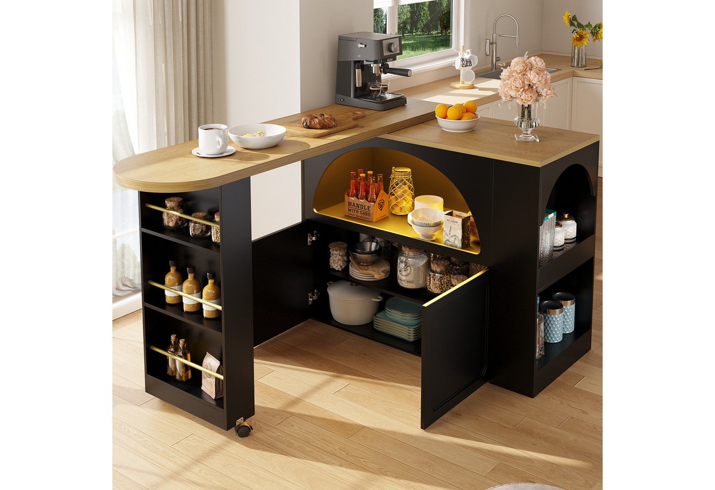 i@home Bartisch ausziehbarer Kücheninsel mit Stauraum(135-205×39×100cm) (1 Tisch), Teleskopischer Bartisch mit LED Hochtisch Kücheninsel, schwarz/weiß von i@home