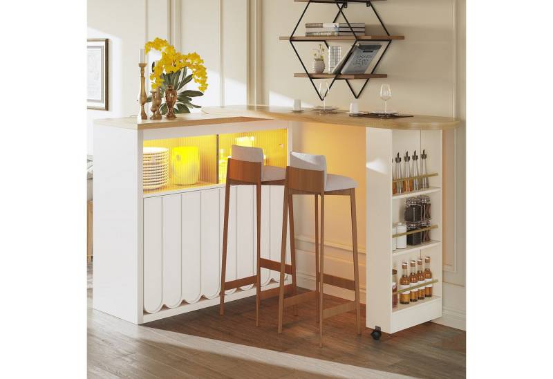 i@home Bartisch ausziehbarer Küchenwagen kücheninsel mit Stauraum(135-205×39×100cm), mit LED, Kücheninsel, Minimale gestreifte Schranktüren, Schwarz/Weiß von i@home