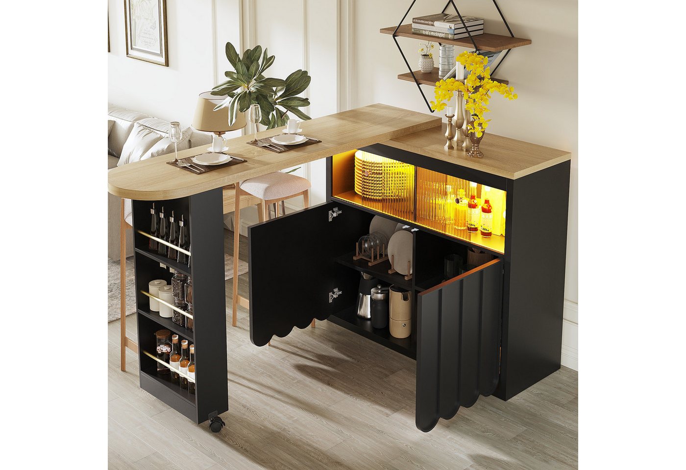 i@home Bartisch ausziehbarer Küchenwagen kücheninsel mit Stauraum(135-205×39×100cm), mit LED, Kücheninsel, Minimale gestreifte Schranktüren, Schwarz/Weiß von i@home