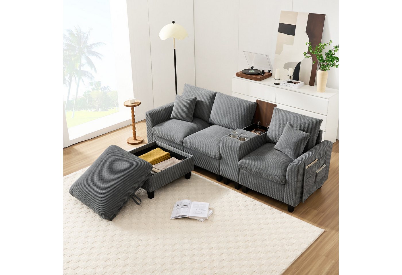 i@home Ecksofa 4-Sitzer-Sofa, L-Form Sofa, mit Konsole, 2 Becherhaltern, USB Ladeanschlüssen, grau/beige i@home Ecksofa 4-Sitzer-Sofa, L-Form Sofa, mit Konsole, 2 Becherhaltern, USB Ladeanschlüssen, grau/beige von i@home