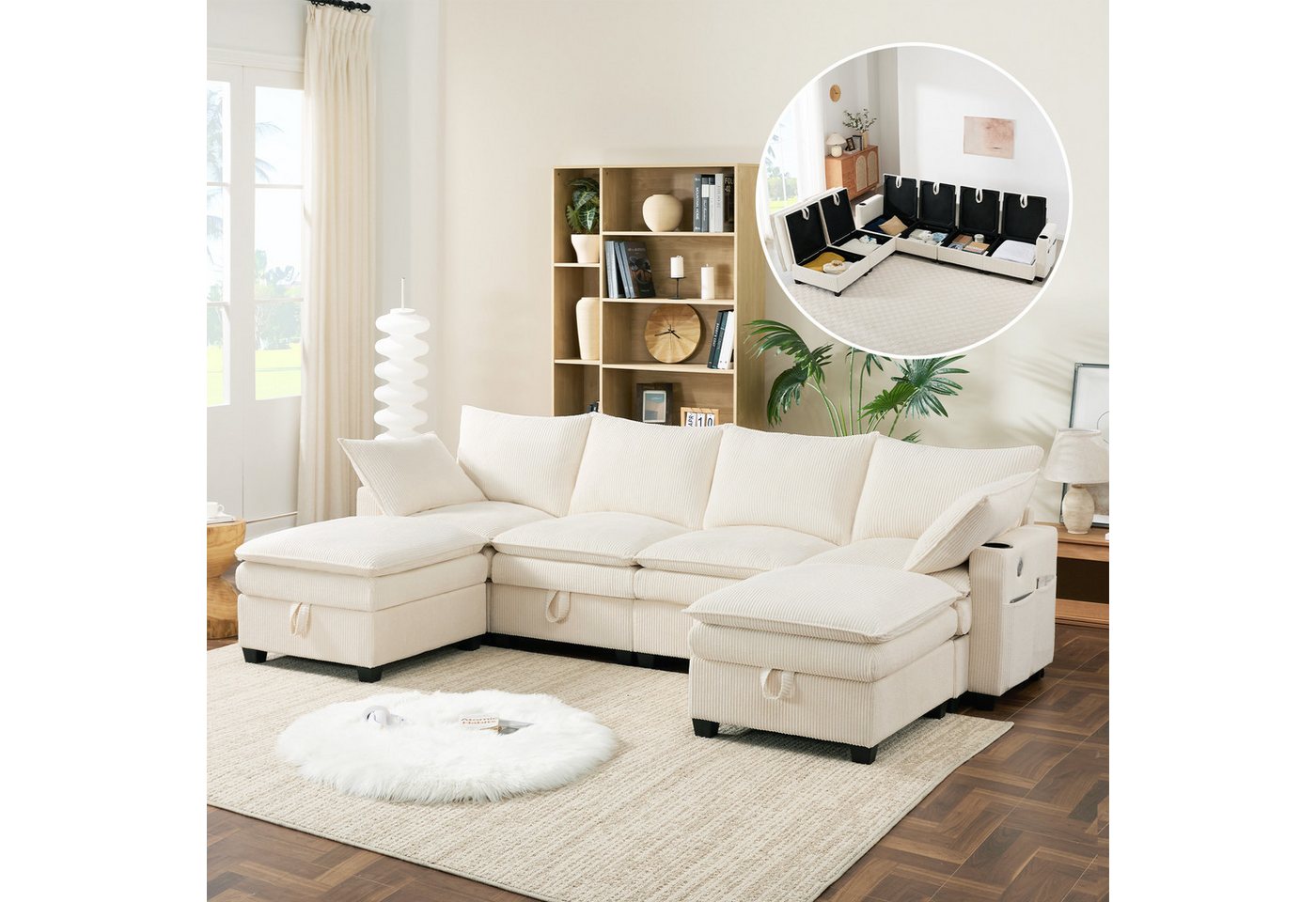 i@home Ecksofa 6-Sitzer-Sofa, L-förmiges Sofa, mit Abnehmbarem Hocker, USB-Anschlüssen und Getränkehaltern, grau/weiß i@home Ecksofa 6-Sitzer-Sofa, L-förmiges Sofa, mit Abnehmbarem Hocker, USB-Anschlüssen und Getränkehaltern, grau/weiß von i@home