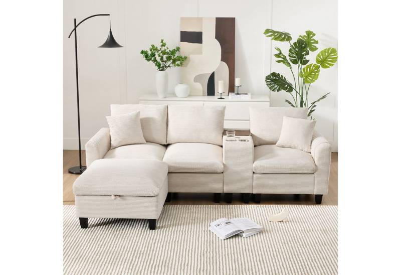 i@home Ecksofa L-Form 4-Sitzer mit USB-Anschluss und Stauraum, Komfort Wohnzimmer Couch für Apartment und kleine Räume, Beige von i@home