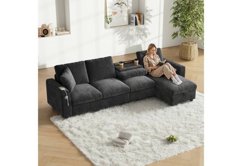 i@home Ecksofa L-förmiges Sofa, 3-Sitzer Sofa, ausklappbarer Couchtisch mit zwei Getränkehaltern, 1 USB und 1 Typ-C von i@home