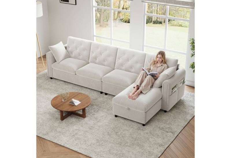 i@home Ecksofa L-förmiges Sofa, 4-Sitzer Sofa, Beige/Grau, mit Magazintaschen, Rückenlehne mit Knopfheftung, (281×86×71 cm) von i@home