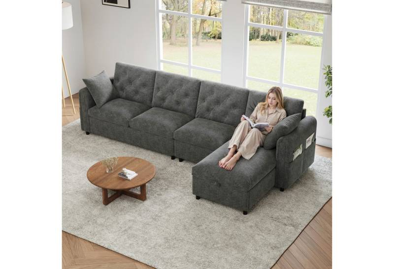 i@home Ecksofa L-förmiges Sofa, 4-Sitzer Sofa, Beige/Grau, mit Magazintaschen, Rückenlehne mit Knopfheftung, (281×86×71 cm) von i@home