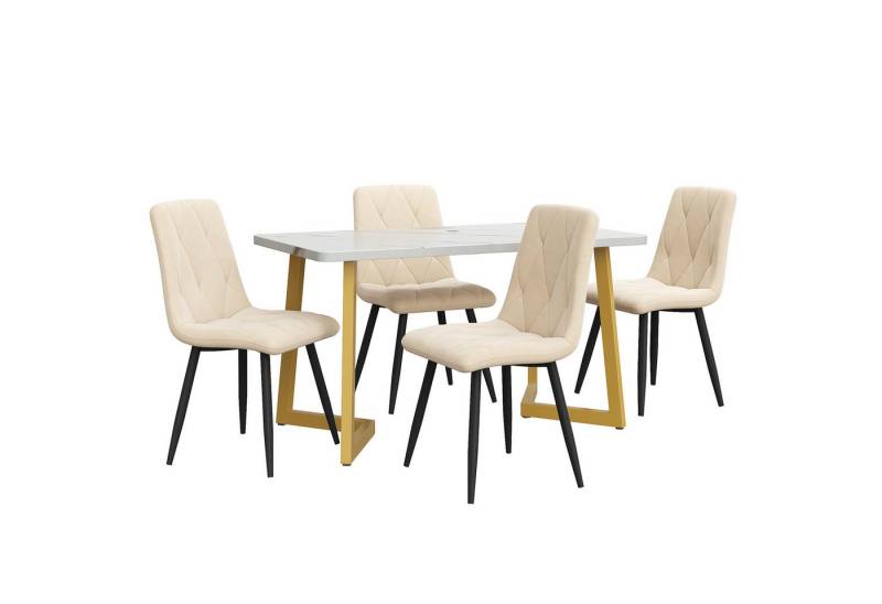 i@home Essgruppe 117×68cm Esstisch mit 4 Stühlen, (Rechteckiger Esstisch Moderner Küchentisch Set, Set, 5-tlg, für 4 Personen), Esszimmerstuhl Beige Twill Samt Küchenstuhl,Golden Tischbeine von i@home