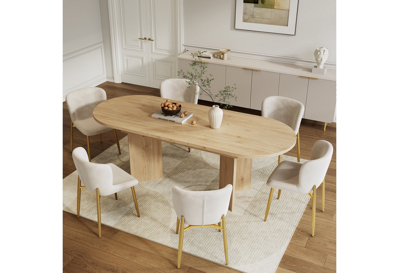 i@home Essgruppe Esstisch-Set (inkl. Esstisch und 6 Stühlen), Ausziehbarer Esstisch, (120/160*80 cm, Esstisch mit abgerundeten Ecken und dicker Tischplatte, einfacher Stil, Samtstühle, Beige + Goldstühle, Eichentisch), Ausziehbar, Abgerundete Ecken, 3 cm dicke Tischplatte von i@home
