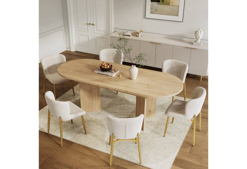 i@home Essgruppe Esstisch-Set (inkl. Esstisch und 6 Stühlen), Ausziehbarer Esstisch, (120/160*80 cm, Esstisch mit abgerundeten Ecken und dicker Tischplatte, einfacher Stil, Samtstühle, Beige + Goldstühle, Eichentisch), Ausziehbar, Abgerundete Ecken, 3 cm dicke Tischplatte von i@home