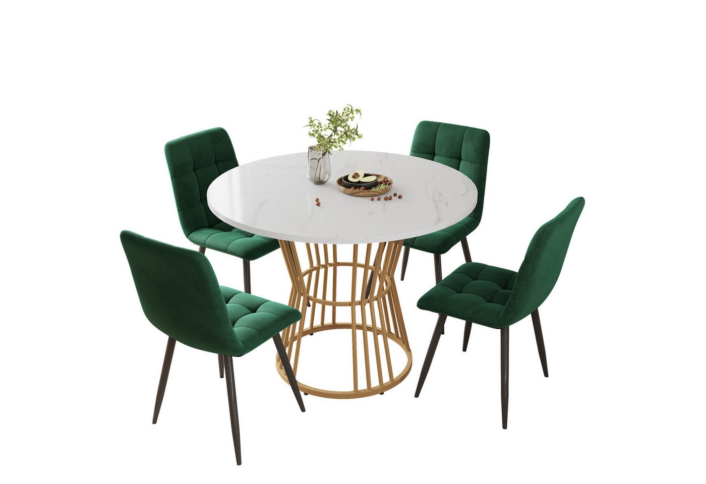 i@home Essgruppe Küchentisch-Set, (5-teilig), Esstisch-Set mit 4 Stühlen, (1 Tsich, 4 Stühle), runder Esstisch mit 100cm Durchmesser und goldenen Metallbeinen von i@home